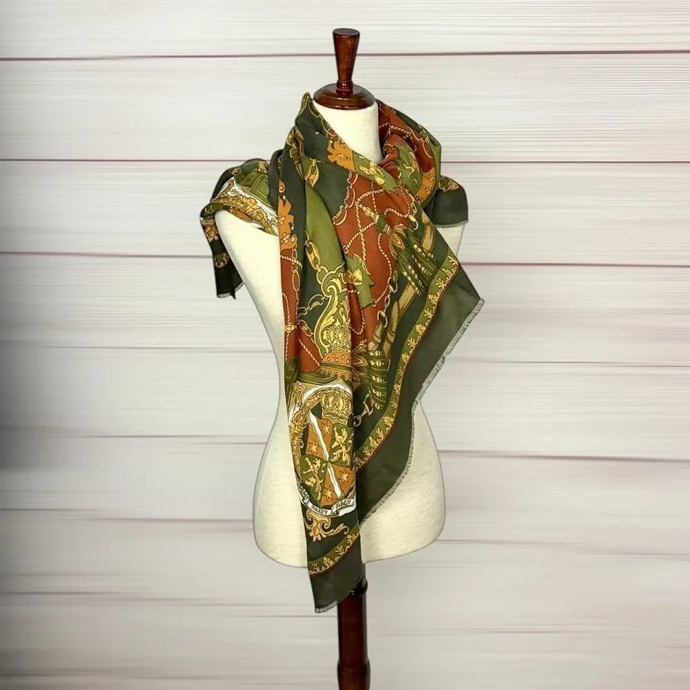 Art of the Scarf Large Square Scarf Shawl Baroque Style Green Terracotta  Italy
